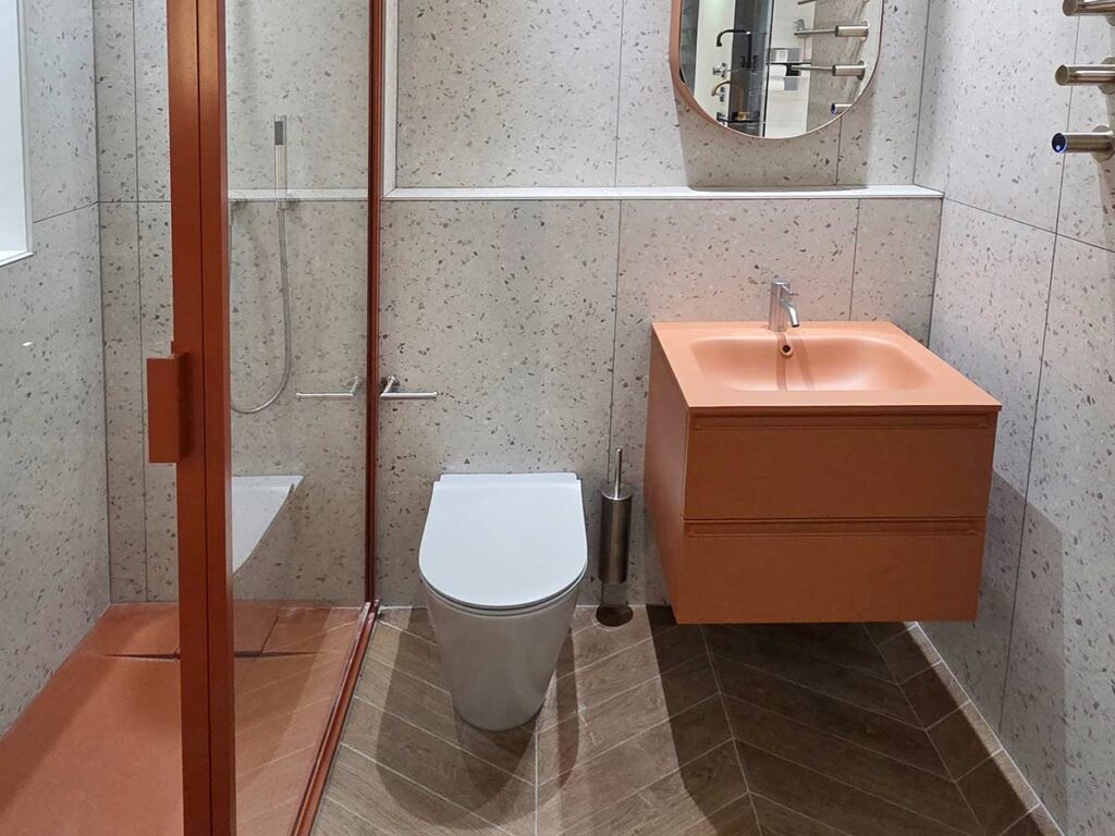 Bold Coloured Modern Bathroom in the Fulham Showroom